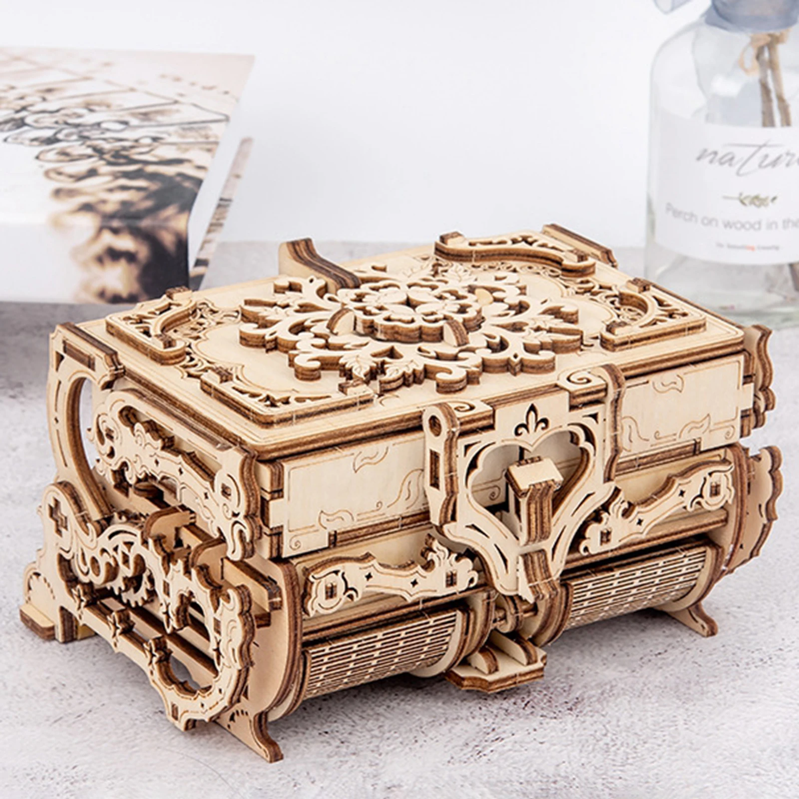 

Antique Wooden Box Puzzle DIY Mechanical 3D Model Kit Educational Safe