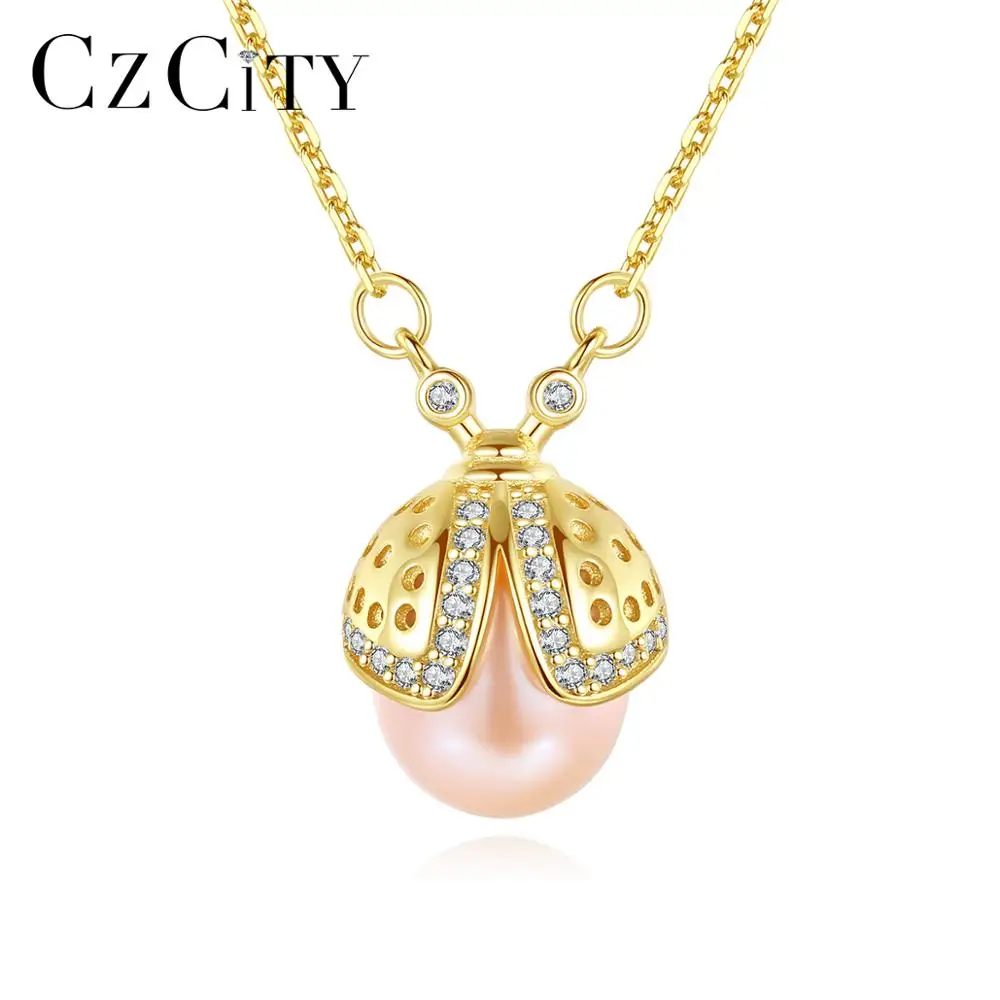 CZCITY Coccinella Форма кулон ожерелье 925 из натурального жемчуга и стерлингового