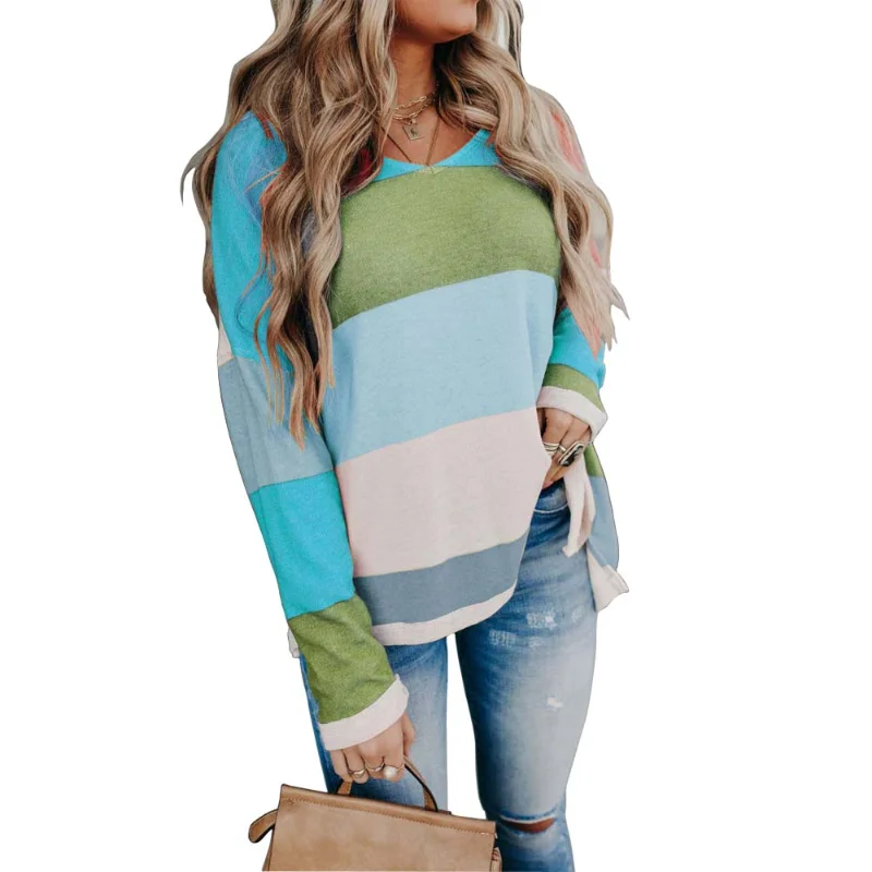 

Женская Повседневная Элегантная блузка, осень 2021, Модные свободные уличные топы, винтажный пуловер в полоску с V-образным вырезом и принтом, ...