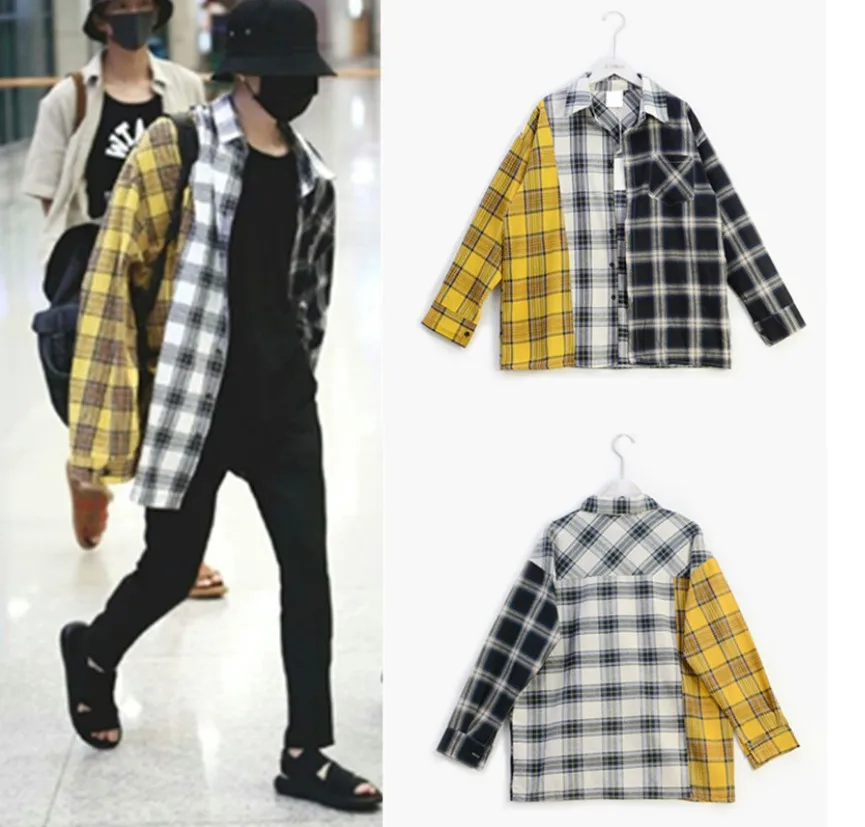 

kpop EXO GOT7 jin suga same Korean spell color plaid shirt shirt Sweatshirts k-pop spring autumn harajuku yellow hoodie coat