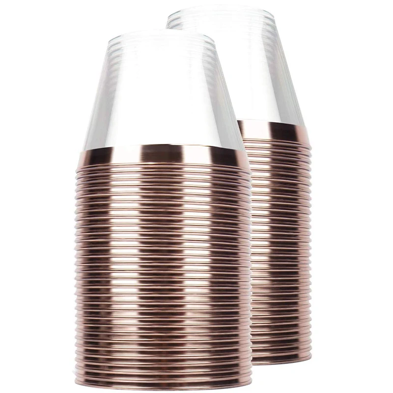 HOT-60 Pieces Rose Gold Plastic Cups 9 Oz Clear with Rimmed Wedding Party Disposable - Ros | Дом и сад