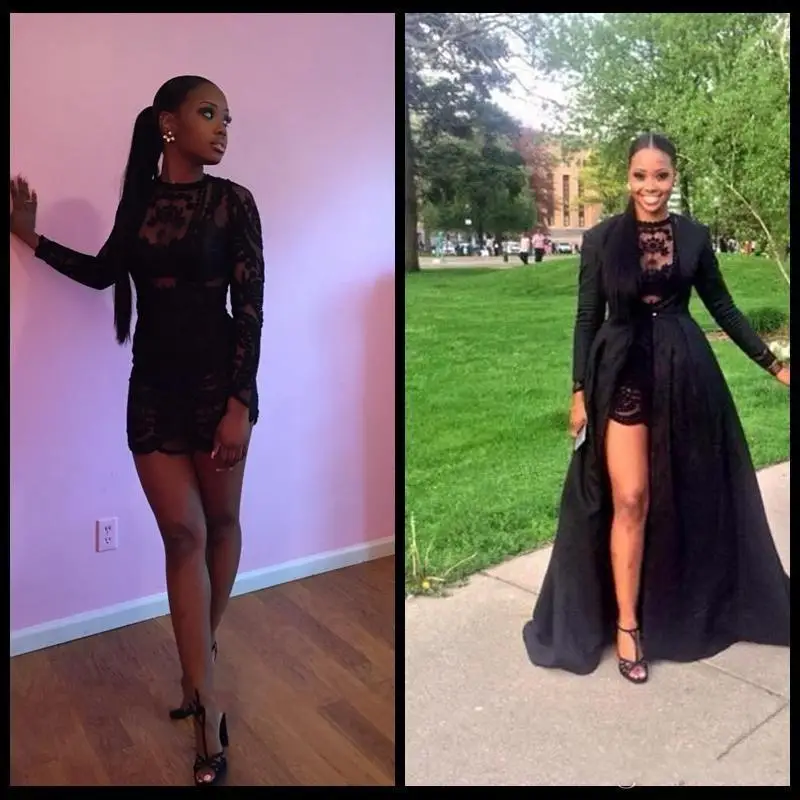 

Sexy Two Piece See Through Black Lace Prom Dresses 2019 Long Sleeve Detachable Coat Floor Length Evening gown Pageant prom dress