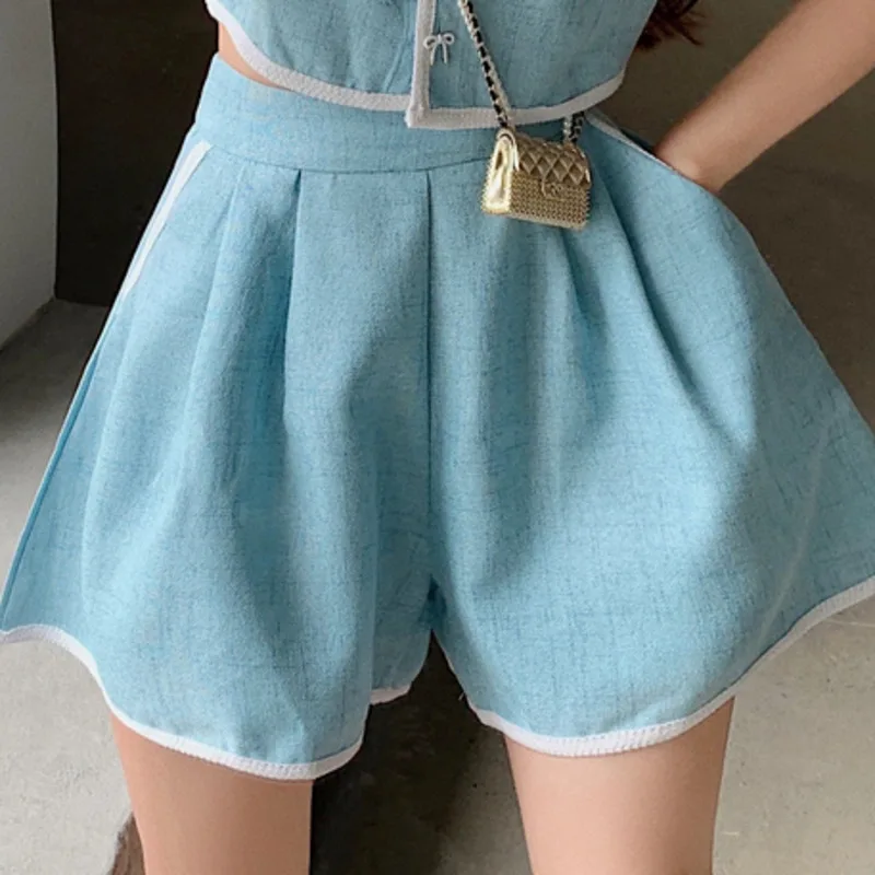 

Contrasting Color Doll Collar Butterfly Buckle Design Cropped Top High Waist All-match Wide-leg Shorts Suits Sweet Two Piece Set
