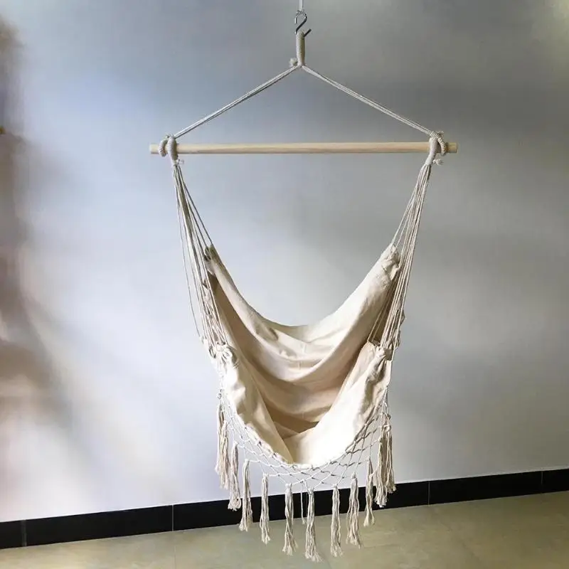 

Cotton Rope Net Swing Tassels Hammock Chair Beige Bohemia Style Hanging Hook Safety Bedroom Garden Tree Hanging Seats