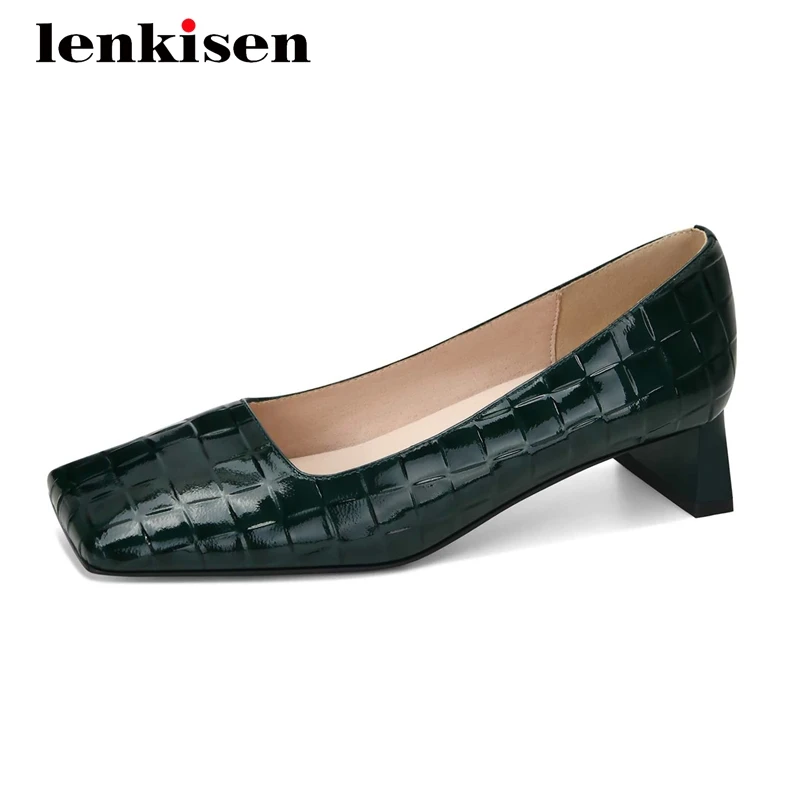 

Lenkisen streetwear stone pattern real cow leather big square toe thick med heel slip on high fashion young lady women pumps L10