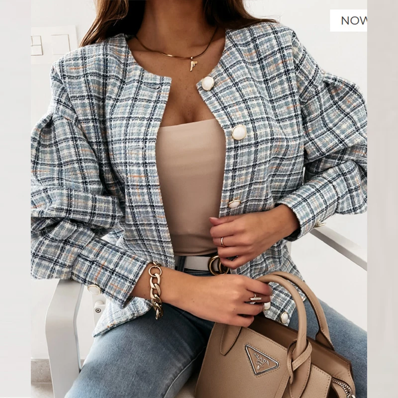 

Elegant Stand Collar Single-Breasted Cardigan Outwear Women 2021 Spring Fashion Retro Plaid Jacket Lady Casual Long Sleeve Coats