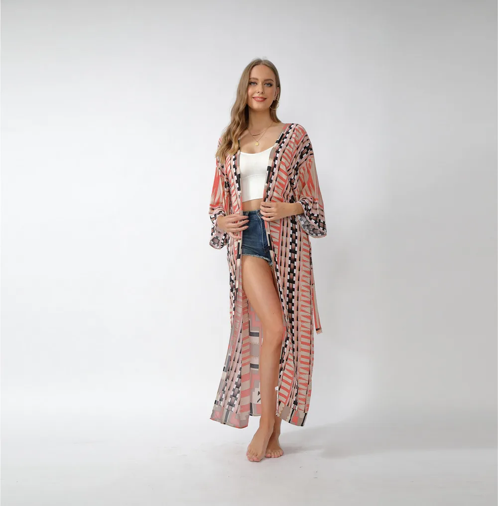 

2021New Cotton Printed Bikini Cover-ups Fashion Sexy Long Beach Dress Elegant Self Belted Kimono Beach Wear Swim Suit ouc1024