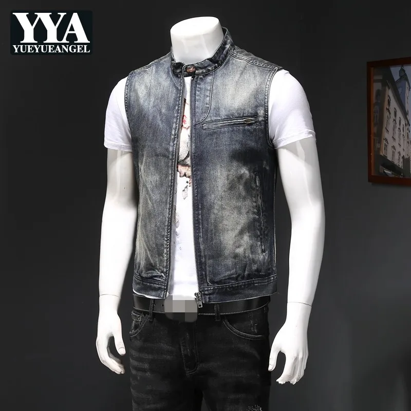 Жилет мужской джинсовый на молнии с воротником стойкой винтажная Повседневная