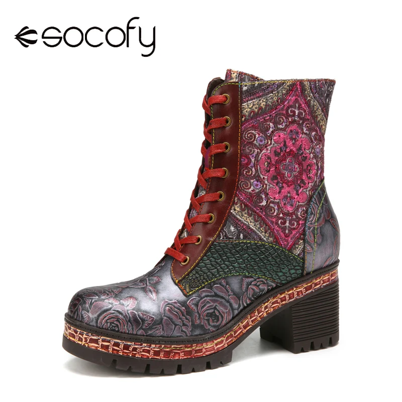 

SOCOFY Women Shoe Embossed Floral Genuine Leather Embroidery Splicing Warm Lining Comfy Casual Round Toe Chunky Heel Short Boots