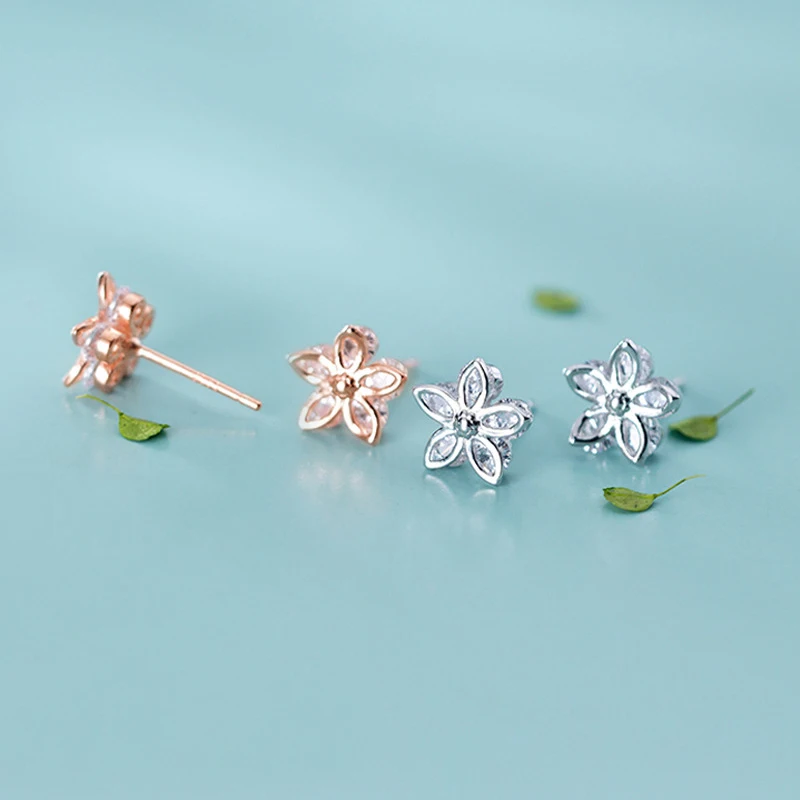 

MloveAcc Cherry Blossom Crystal Stud Earrings 925 Stelring Silver Clear Flower Ear Studs Korean Wedding Statement Jewelry