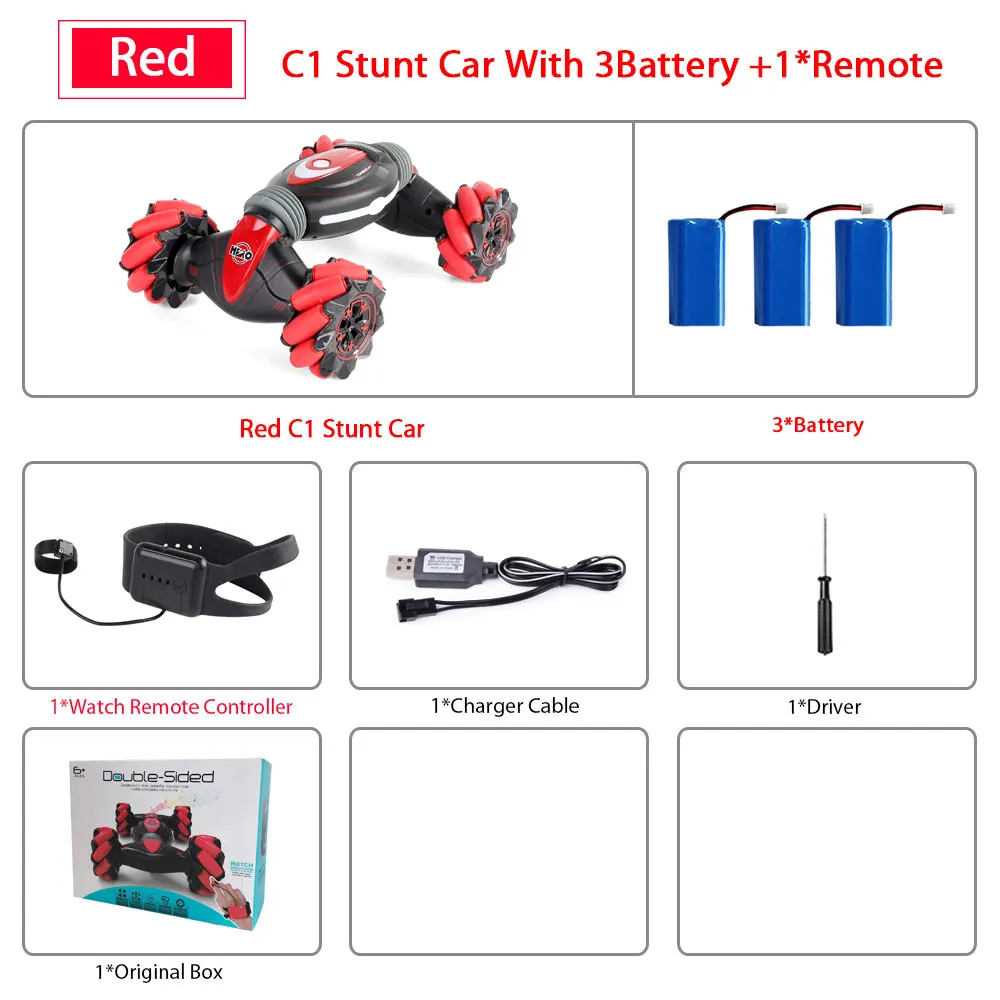 RED 1Remote 3B Remote Control Stunt Car Gesture Induction Twisting Off-Road Vehicle Light Music Drift Dancing Side Driving RC Toy Gift for Kids - Color: RED 1Remote 3B