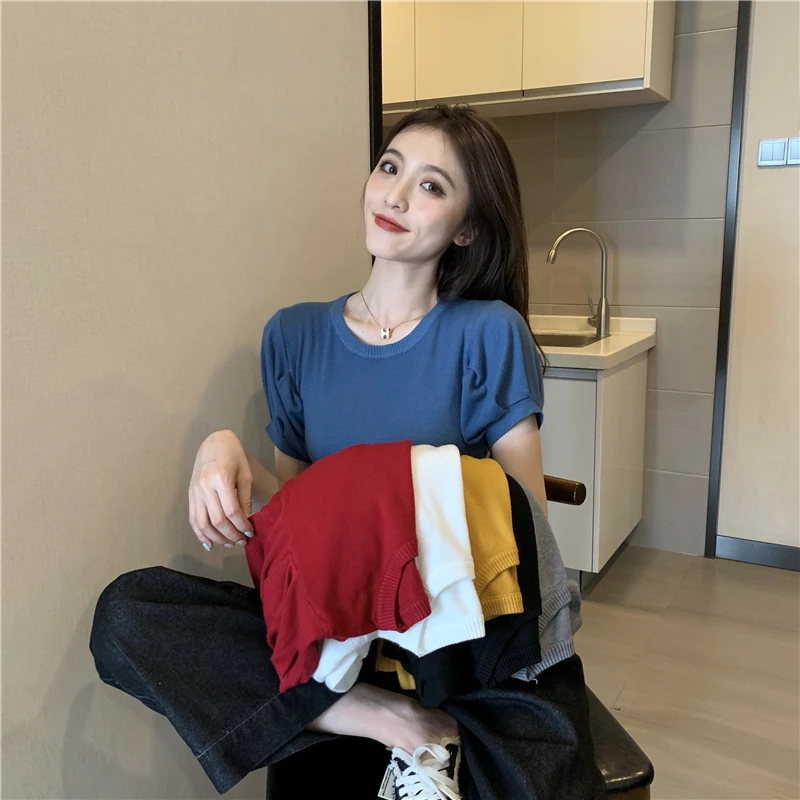 

Fashion Summer Women's T-shirt 2021 New Style Western-style Slim Knit Sweater Puff Sleeve Top Short Sleeve T-shirt Ladies Top