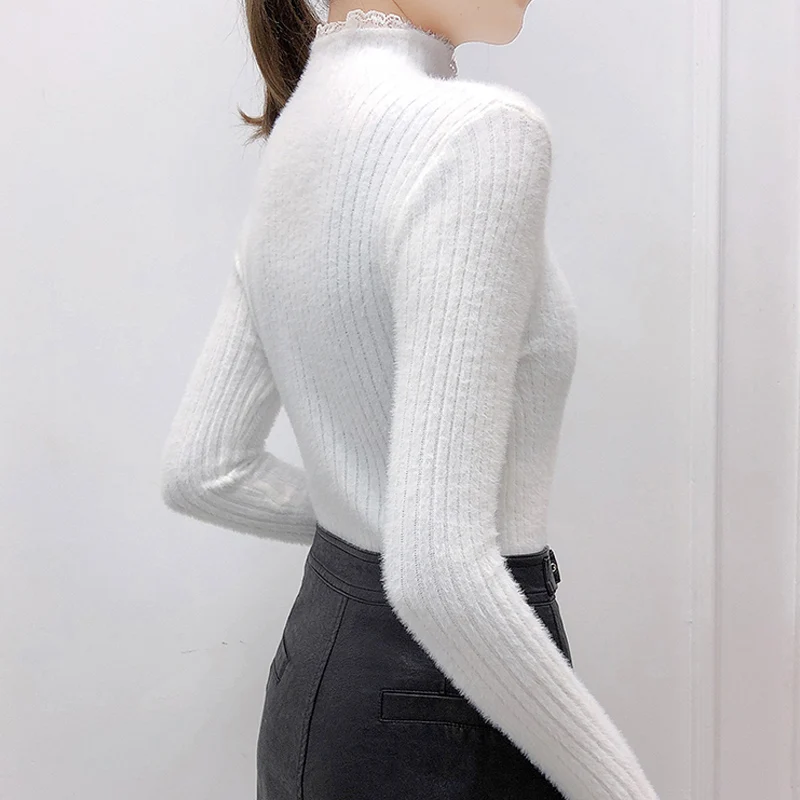 Облегающий свитер из искусственного меха норки женский осенне-зимний вязаный