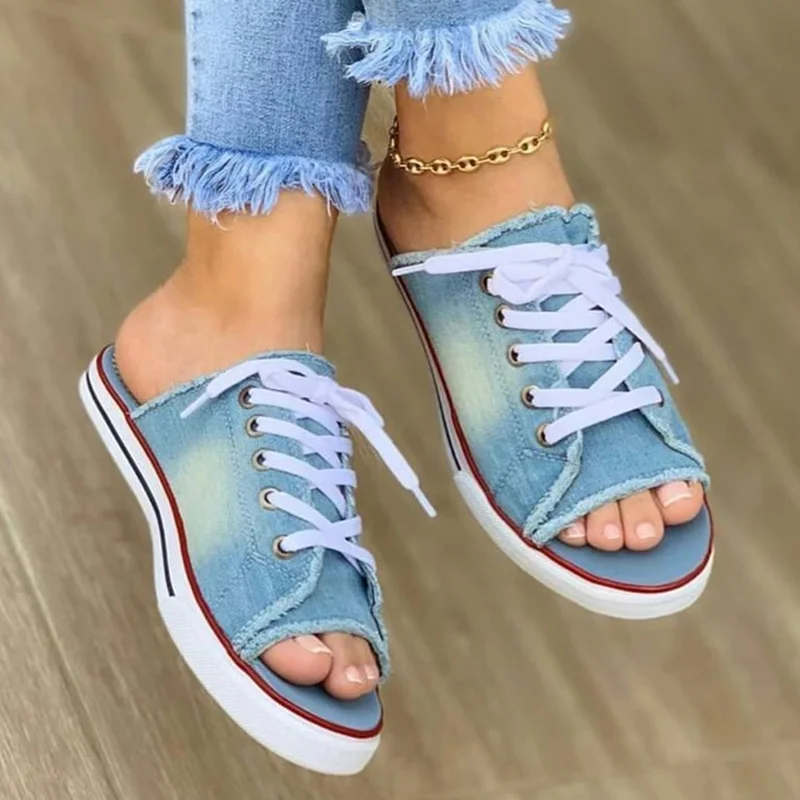 

Women Canvas 2021 Slipper Woman Lace Up Ladies Peep Toe New Flat Women's Casual Female Fashion Denim Beach Shoes Plus Size 35-43