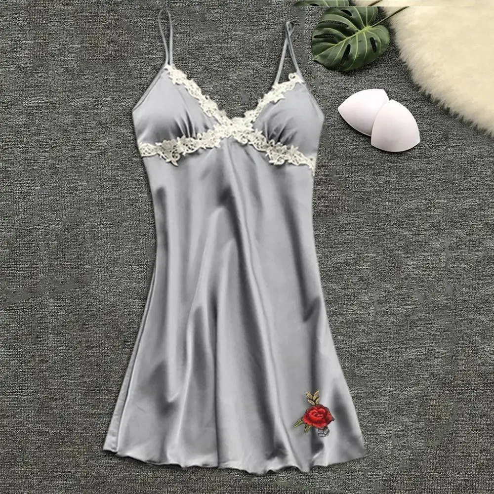 Серое нижнее белье Babydoll женское кружевное шелковое атласное платье с вышивкой розы сексуальная ночная рубашка N4