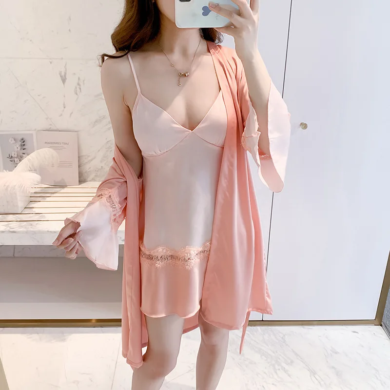 

2PCS Women Sexy Sling Nightgown Robe Sets Lace Loose Full Sleeve Kimono Bath Gown Summer Lounge Lingerie Sleepshirt Home Dress