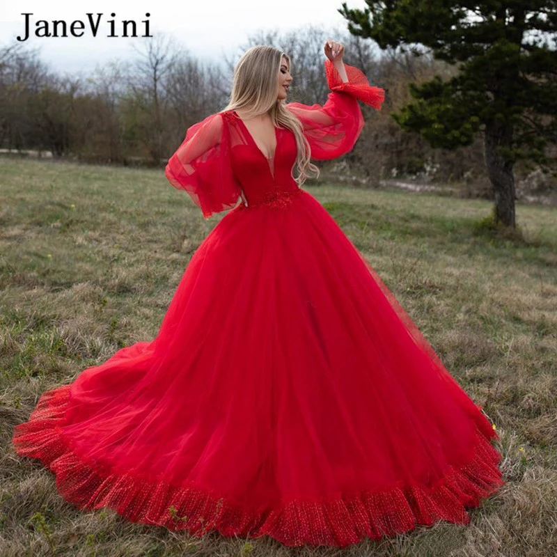 JaneVini сексуальное красное мусульманское Пышное Платье с длинным рукавом бальное