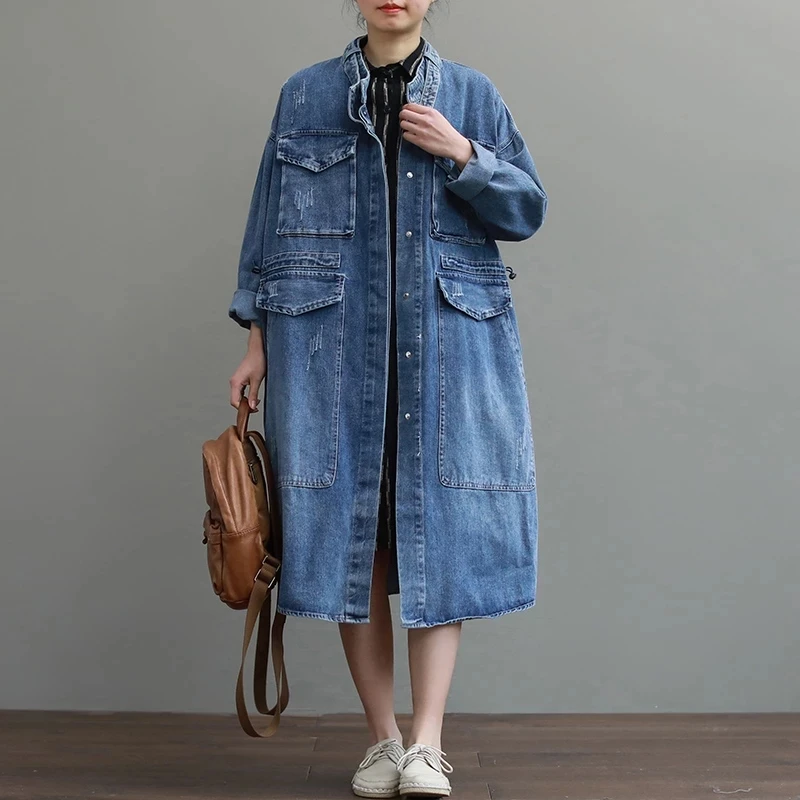 

Oversize Casual Cowboy Trench Coat for Women Loose Outwear Single-breasted Long Denim Coats With Drawstring Female Clothes