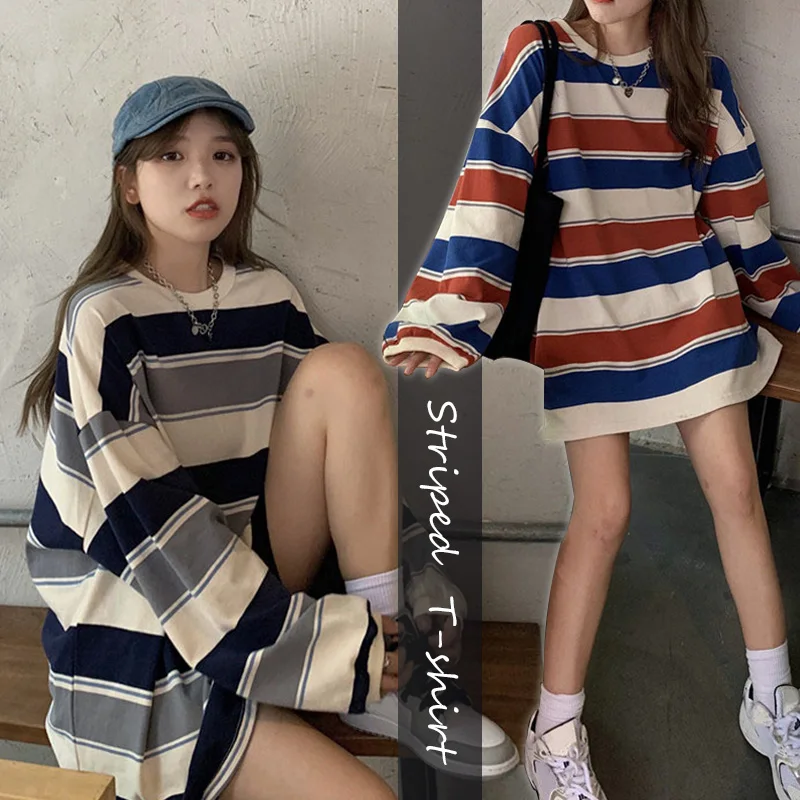 Футболка женская в стиле Харадзюку универсальная рубашка полоску свободная