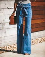 2021 newest hot womens fashion high waist denim wide leg leggings trouser jeans long flare bell bottom pant with denim belt