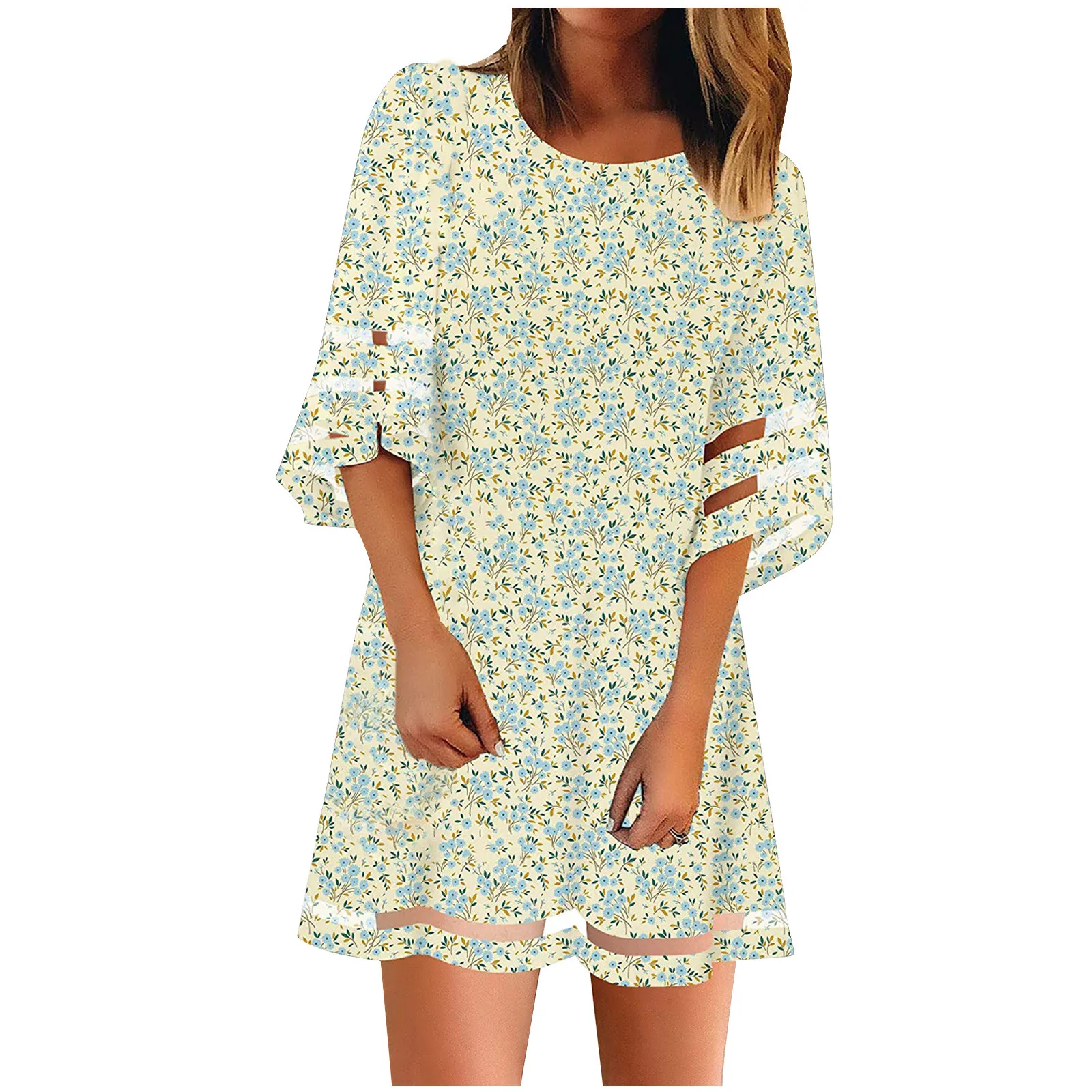 

Fashion Women Casual V-neck Net Yarn Flared Sleeve Floral Printing Loose Dress Summer Beach Short Dresses Vestido De Mujer