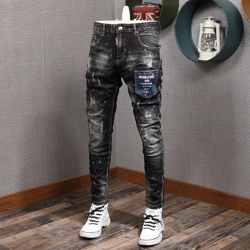 DIMI Men Jeans Vintage Designer Painted Ripped Jeans Streetwear Elastic Slim Fit Hip Hop Long Pants New Fashion