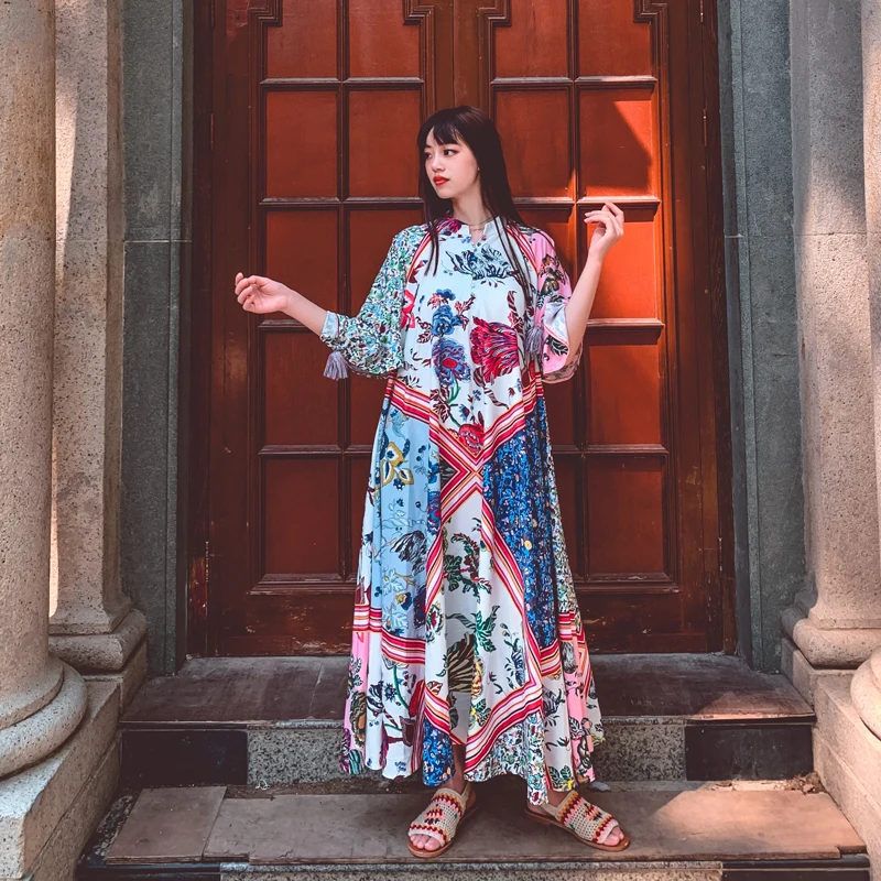 

2021 New Fashion Designer Runway Bohemia Long Dress Elegant Party Robe Femme Multi Color Vintage Floral Print Loose Maxi Dresses