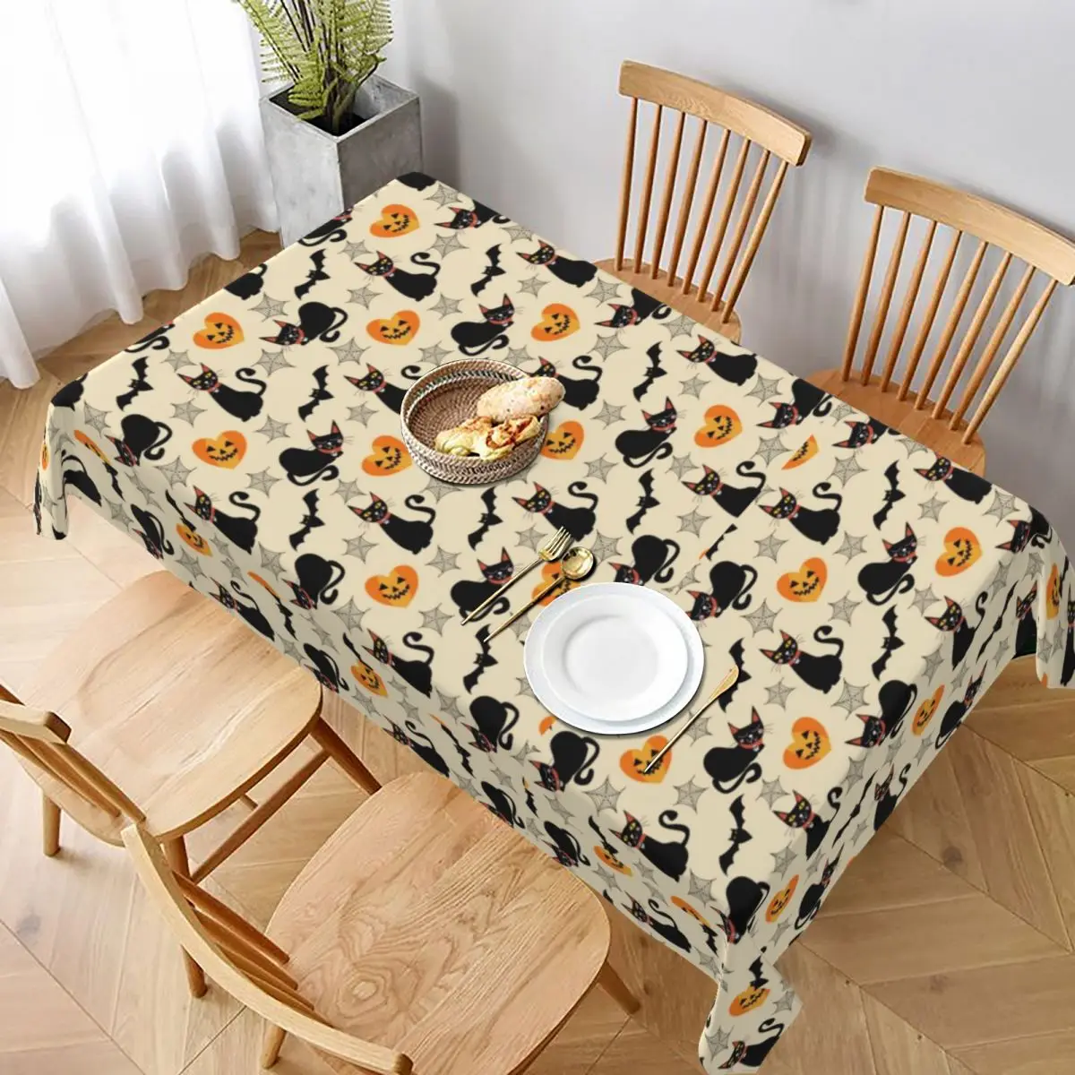 

Скатерть на стол в стиле Хэллоуин, кошка, тыква, летучая мышь, забавное украшение на заказ, скатерть для стола из полиэстера, свадебная дешев...