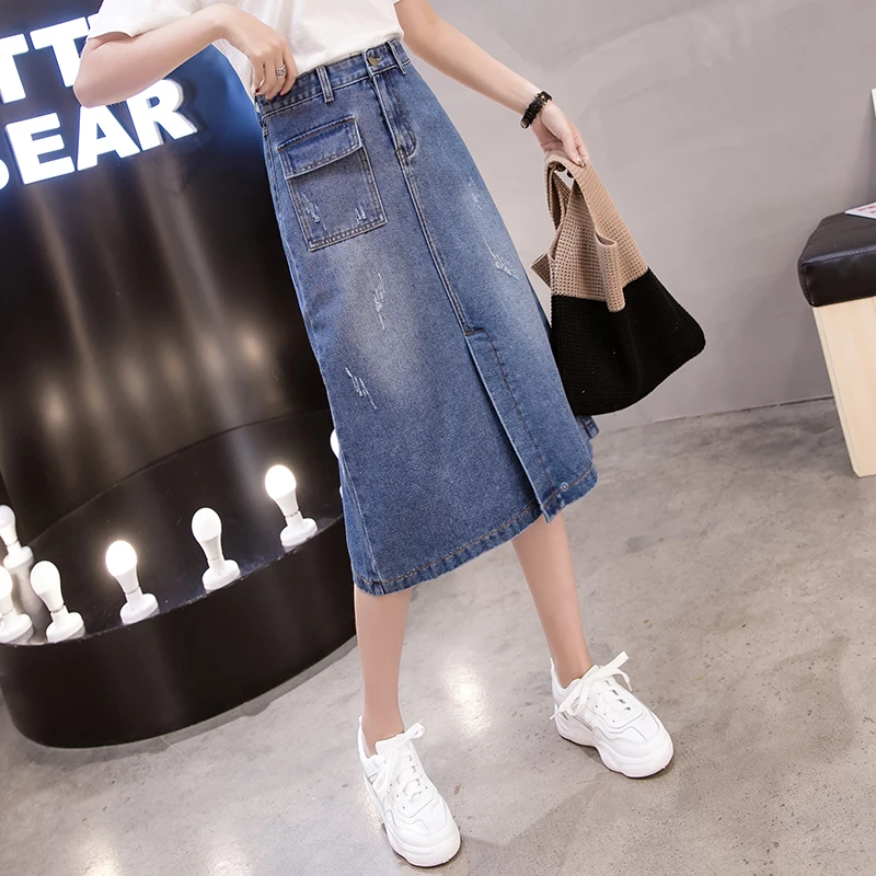 Женская джинсовая юбка ниже колена с разрезом | одежда