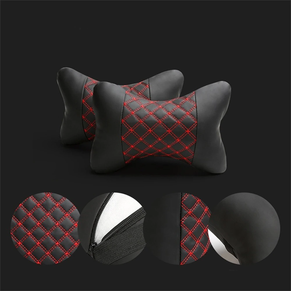 

2 Pieces Car PU Leather Car Pillow Headrest Neck Cushion Support Seat Cover Pillows Red Line