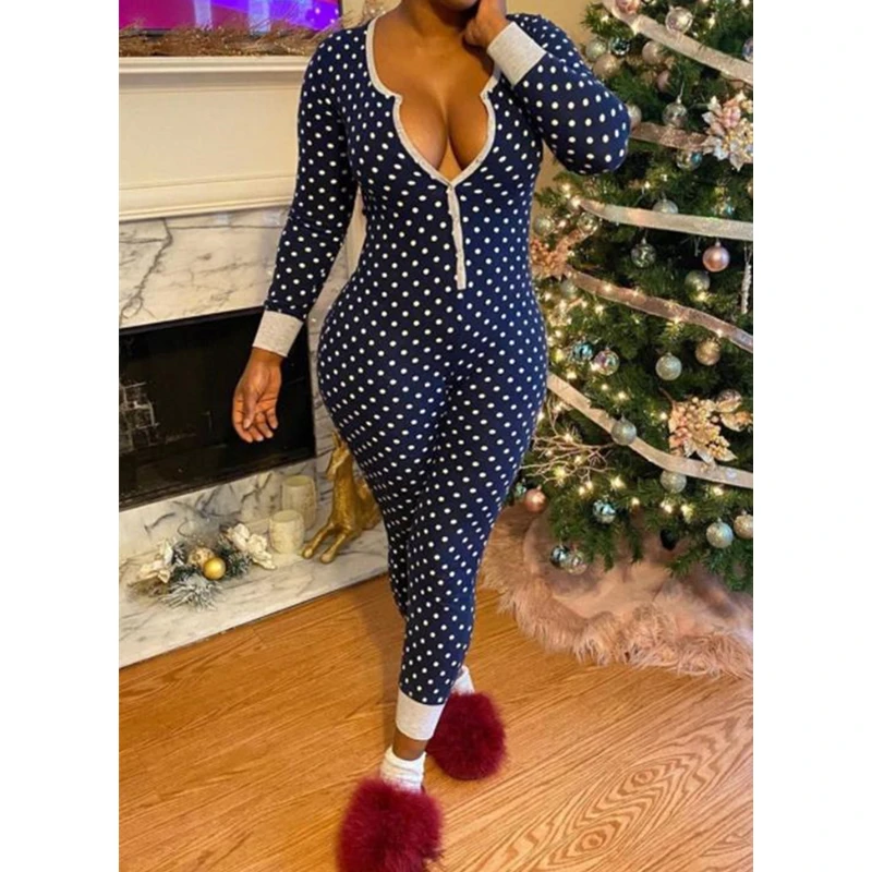 

2020 Christmas Bodysuits V-neck Polka Dot Button Up Jumpsuit Women's Sleepwear Home Romper Buttons Long Sleeve Jogger Pajamas
