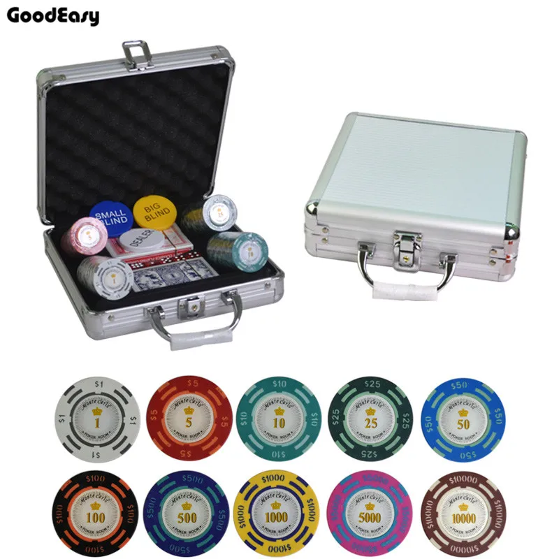 

Casino Clay Dollar Poker Chips Sets Texas Hold'em With Trim Sticker Poker Chip Set with Aluminum Box Free Gift 100-500PCS/Set