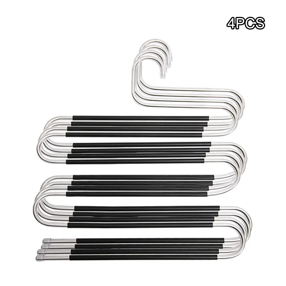 

4PCS Multifunctional Stainless Steel Pants Hangers Pants Rack Jeans Organizer Hanger 5 Layer S Shaped Non-Slip For Pants Silver