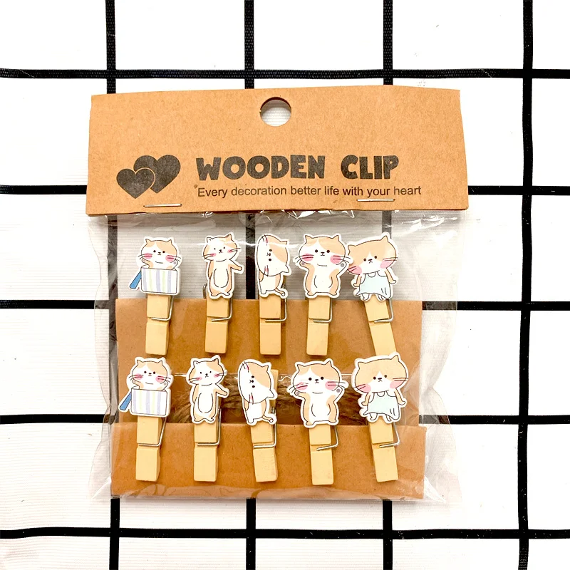 

10packs/lot Creative Yellow Cat Wooden Clip Memo Paper Clothespin Craft Postcard Stationery For Photo Decor Clips Pegs Wholesale