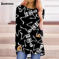 cashiona frauen gothic skull print t shirt long sleeved women basic top casual pullovers 2021 autumn loose tees shirt
