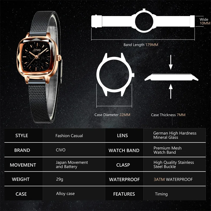 CIVO женские часы Montre Femme 2019 кварцевые для девочек Роскошный Браслет сетка ремешок