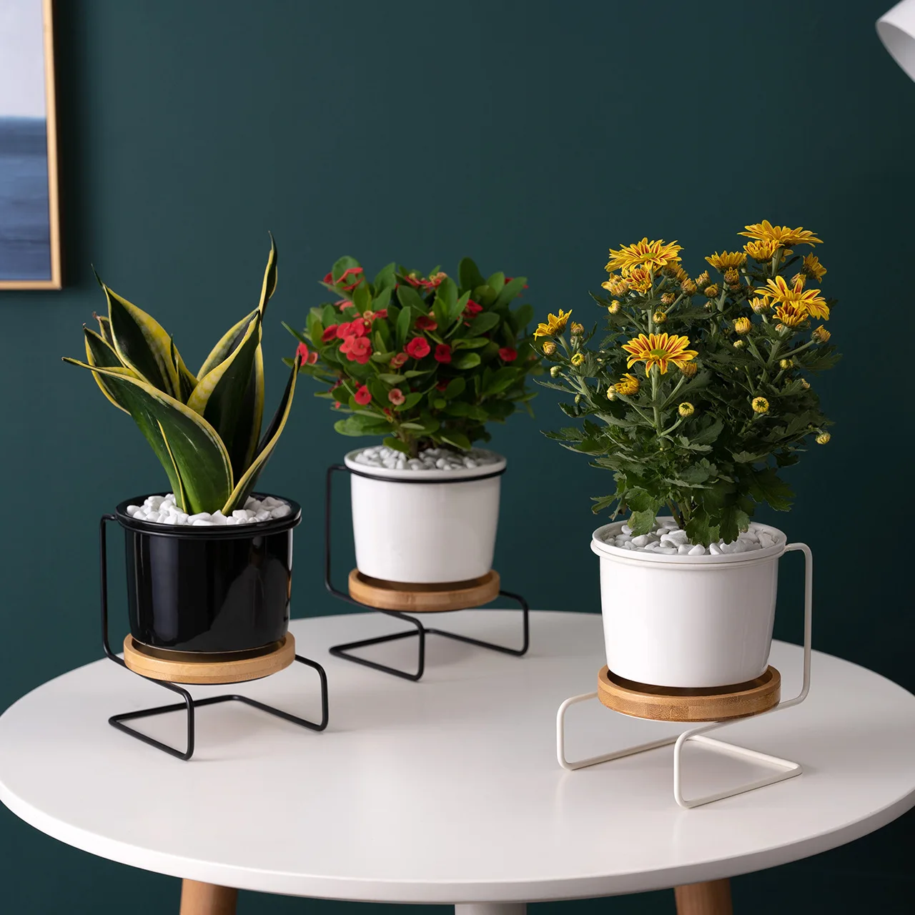 

Простой S-образный современный геометрический круглый керамический зеленый плантатор в скандинавском стиле, Круглый бамбуковый подставка, железная рамка, костюм, плантатор для суккулентов