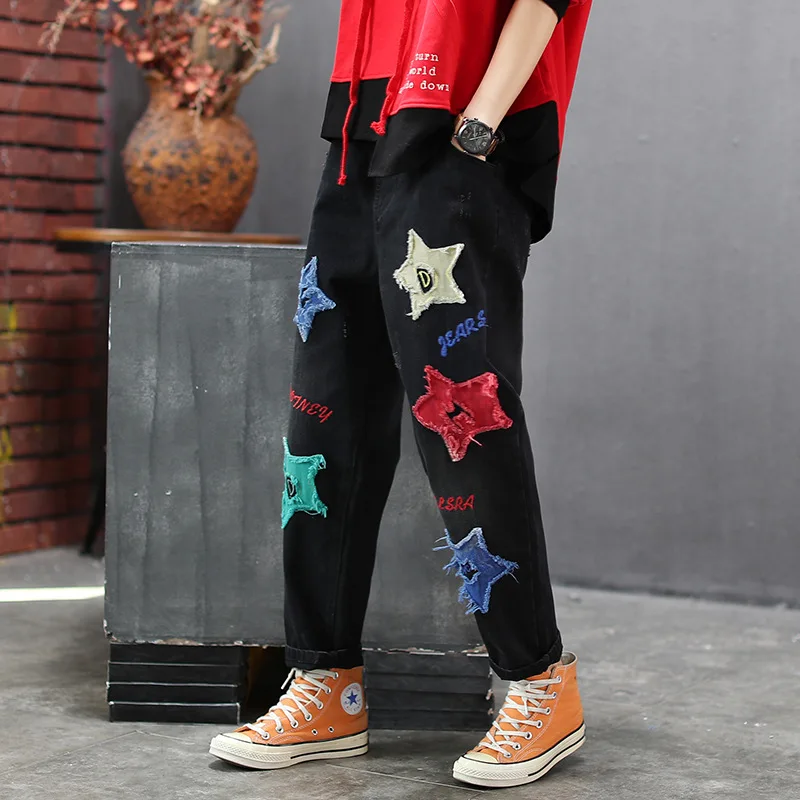 Джинсы женские свободные в стиле ретро повседневные брюки из денима с эластичным