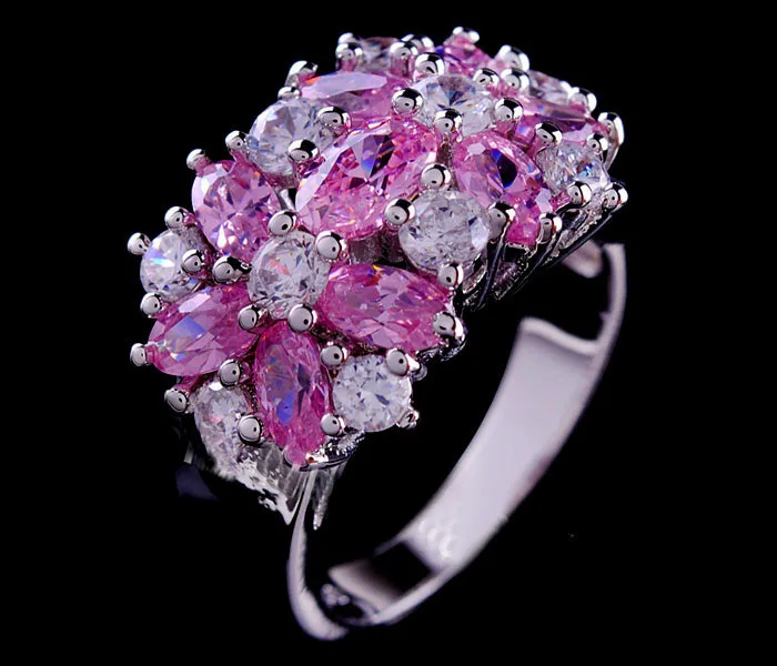 

Luxury Female Pink Purple Blue Flower Ring Vintage Small Silver Color Engagement Ring Promise Wedding Rings For Women