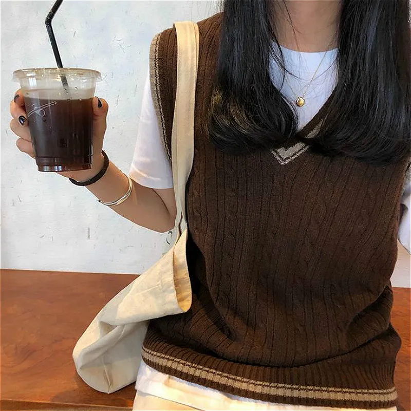 

Sweater Vest Women V-neck Chic Fashion Preppy Style Teens All-match Casual Knitted Females Leisure Streetwear Loose Harajuku New