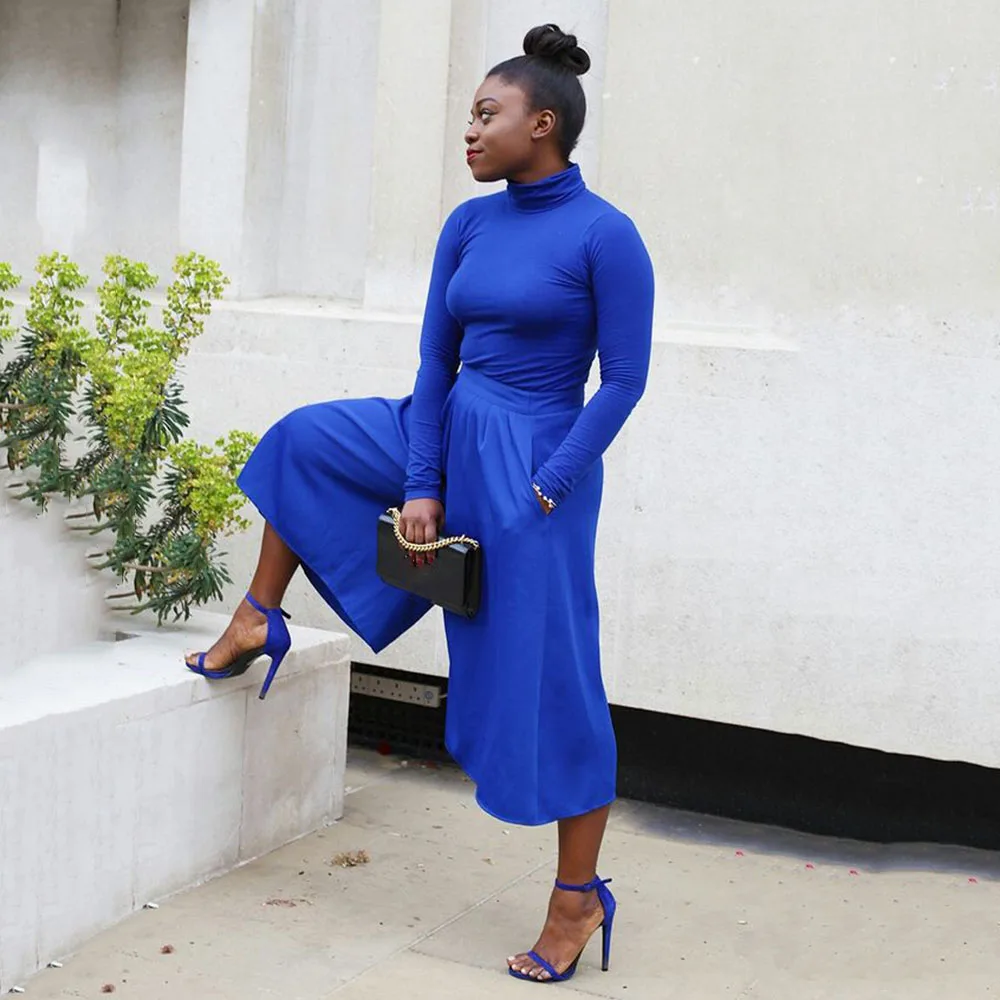 

Женский осенний костюм с брюками, повседневный однотонный костюм с высоким воротником и прямыми брюками, комплект из двух предметов, 2021