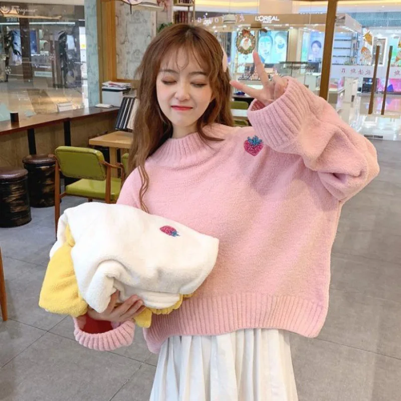 

Женский трикотажный свитер с длинным рукавом, повседневный свободный розовый свитер с высоким воротом, Осень-зима 2020