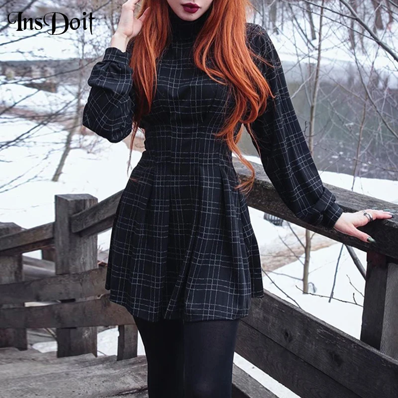 

InsDoit Gothic Lolita Plaid Aesthetic Dresses Women Vintage Punk Grunge Harajuku Black A LINE Dress Sexy Elegant Club Partywear