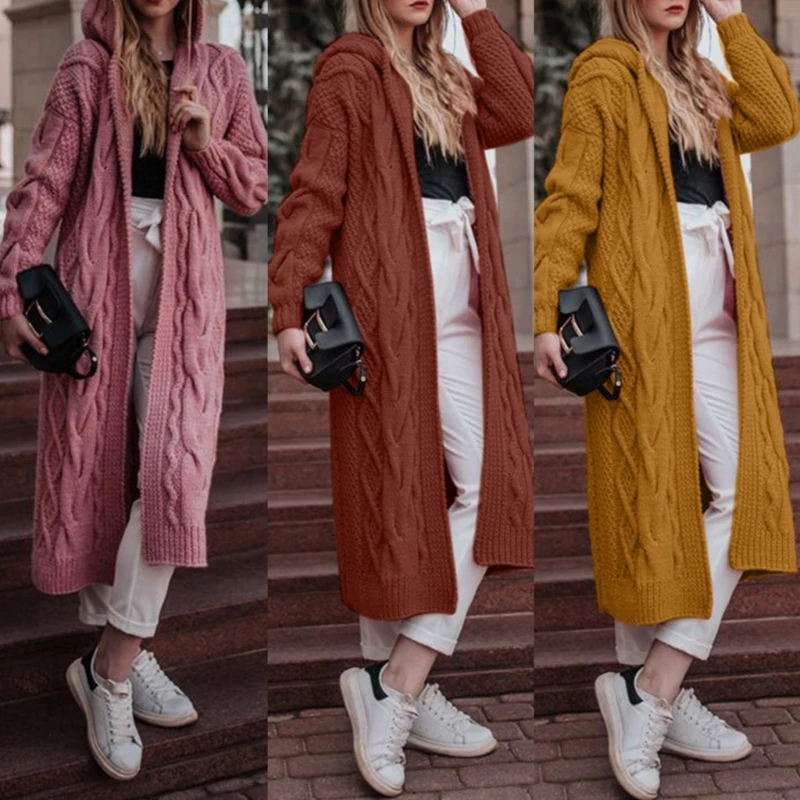Женский кардиган с капюшоном однотонный длинный свитер открытым спереди |