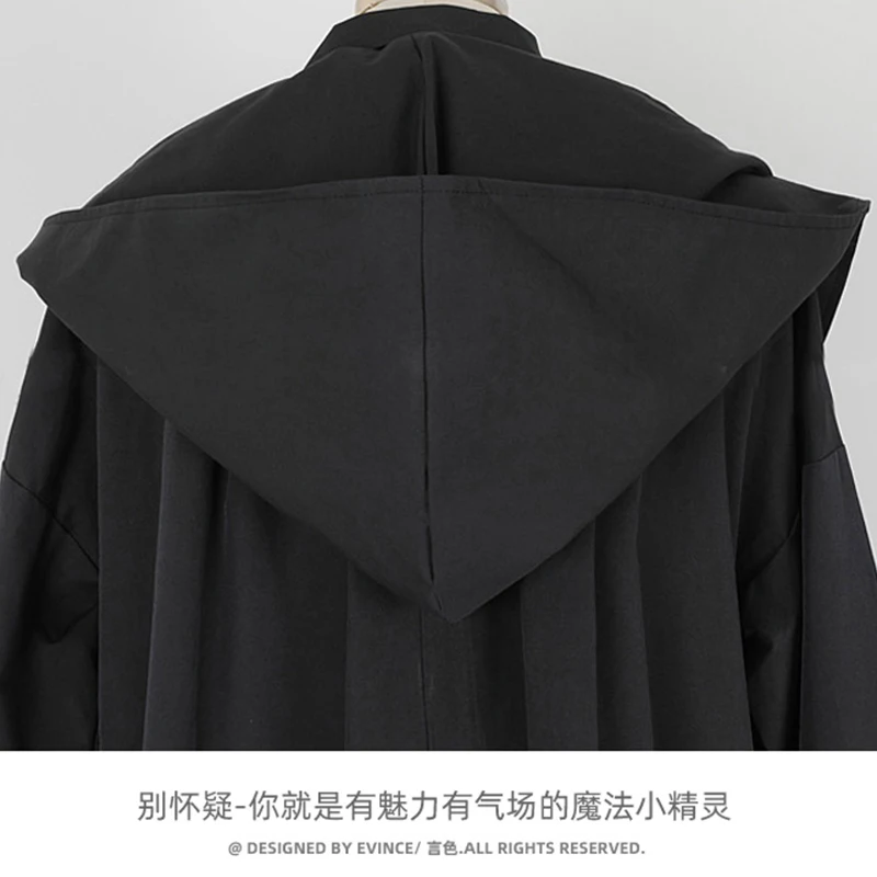

Nerazzurri Long black trench coat for women with hood long sleeve Spring loose runway designer women clothes 2021 korean fashion