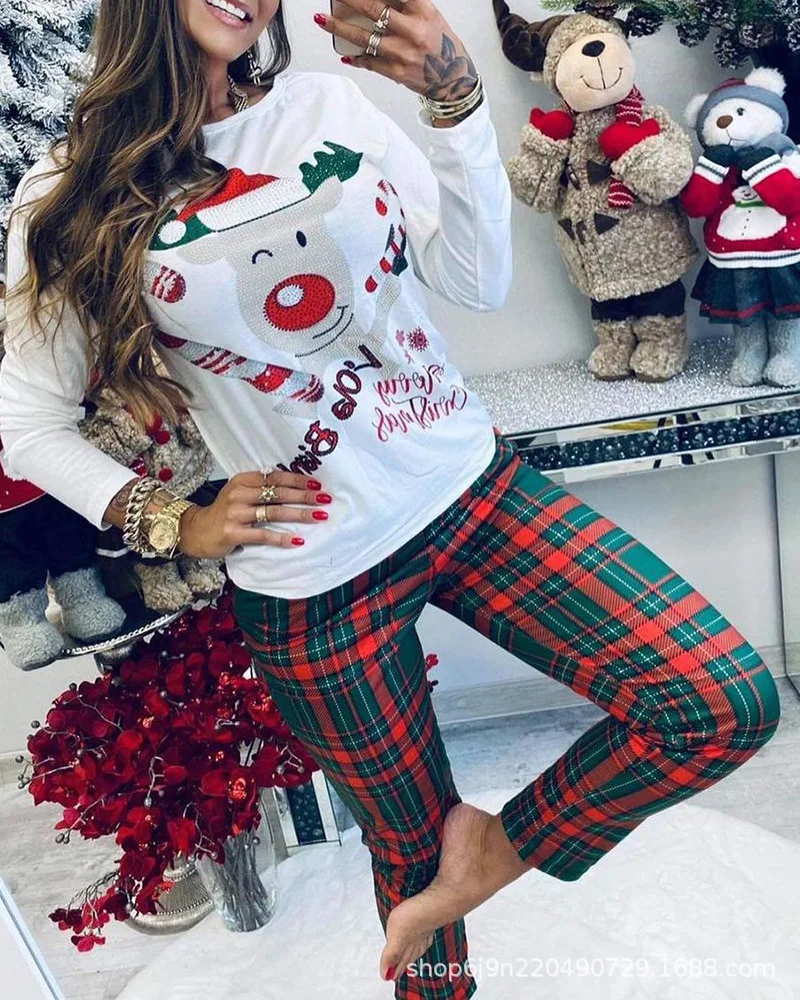 

Autumn new jacket + pants two-piece sports fashion women's long-sleeved slim printed plaid suit