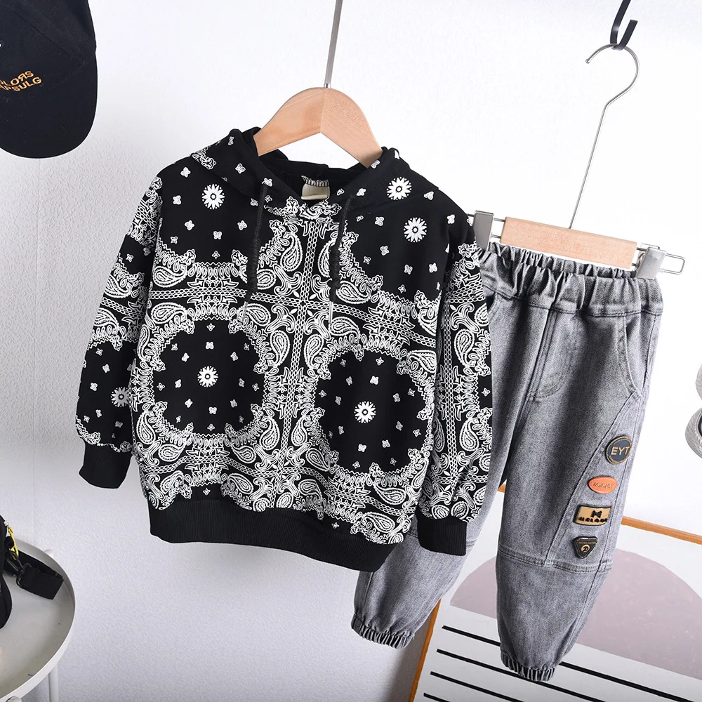 

2021 2pcs Spring And Autumn Baby Boy Children Causal Flower Printing Sweatshirts + Jean Boys Clothes Kids Clothes sets 2-7