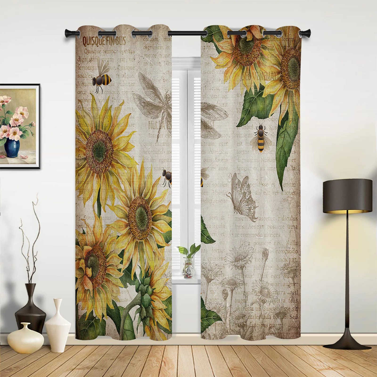 Винтажные старые газеты Подсолнухи стрекоза бабочки оконные шторы для гостиной