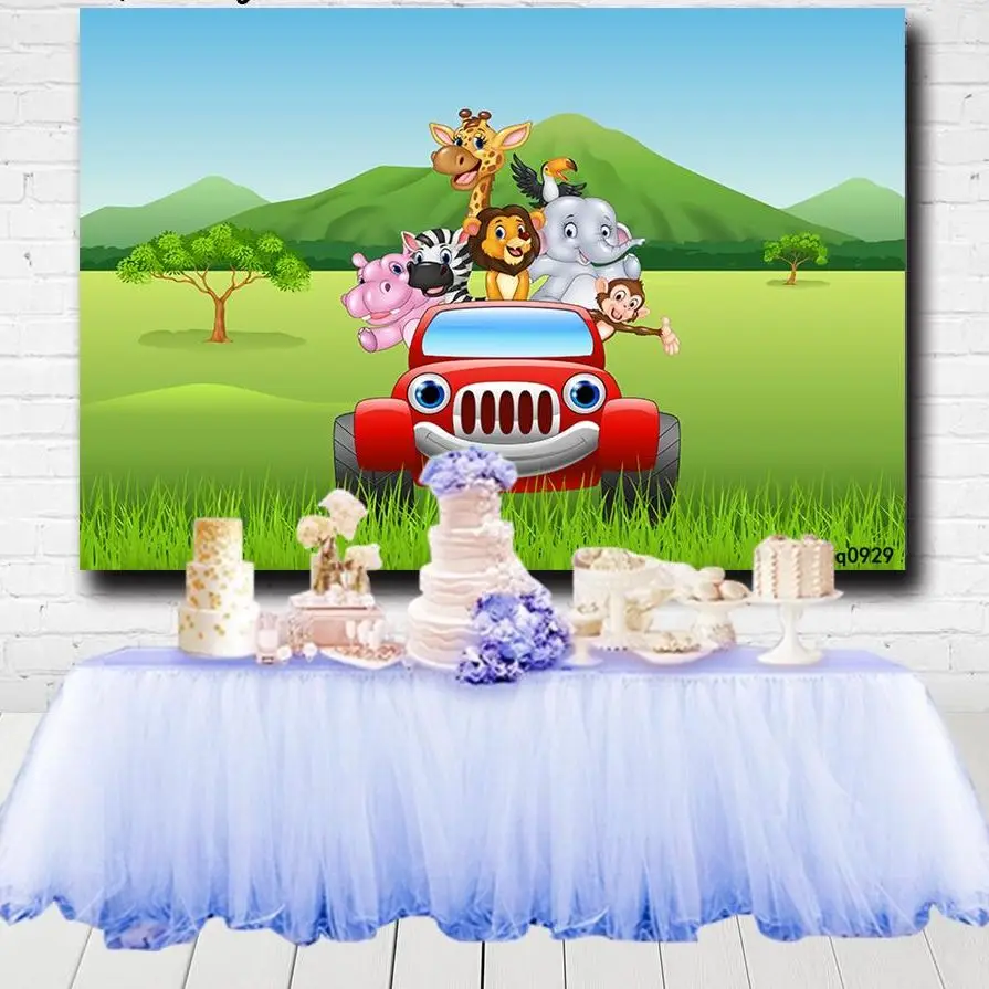 

Green Safari Jungle Birthday Party Background Driving Animals Wild One Backdrops For Boys Photo Studio Customized