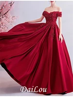 a line sexy engagement formal evening dress off shoulder short sleeve lace satin with pleats beading 2022